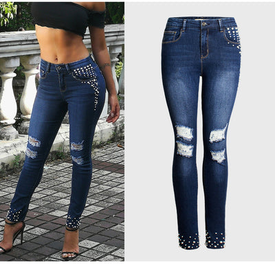 Pearls Elastic Ripped Straight Jeans