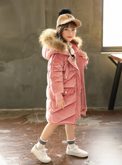Long Velvet Winter Jacket Girls' Cotton-Padded 