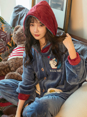 Lovely Cat Hooded Coral Velvet Cartoon Doraemon