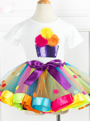 Cartoon Flower T-Shirts+Skirt Dress 2Pcs Girls