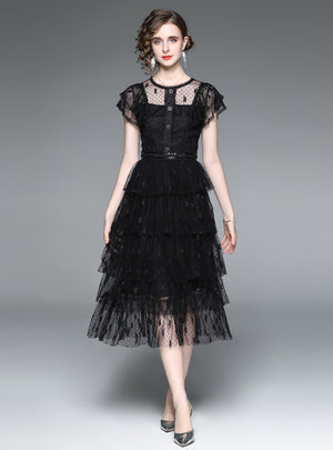 Black Flounce Lace Mesh Embroidered Cake Dress