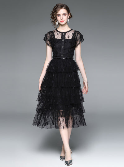 Black Flounce Lace Mesh Embroidered Cake Dress