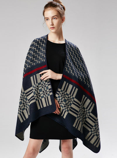 Cross Wavy Geometry Cashmere Shawl Cape