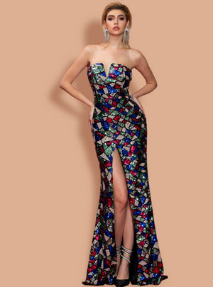 Slim Geometric Tube Top Irregular Split Sequins Dress