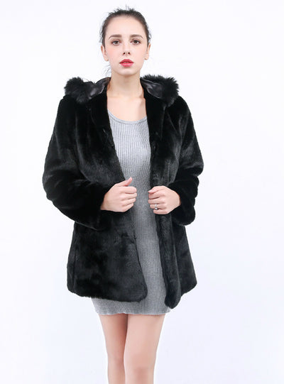 Women's Faux Fur Mink Coat Hooded Medium Long