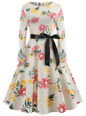 Printed Long Sleeve Retro Big Swing Dress
