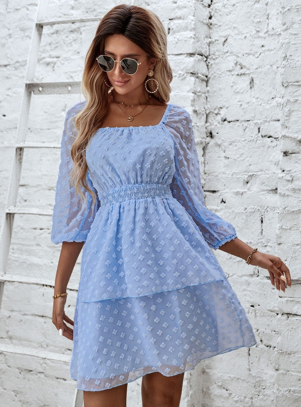 Fashion Square Collar Backless Jacquard Dress