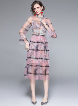 Retro Printed Stitching Long Sleeve Dress