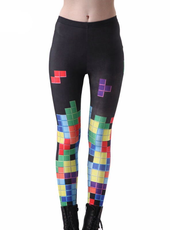 Colorful Tetris Digital Printing Elasticity Pants Elastic