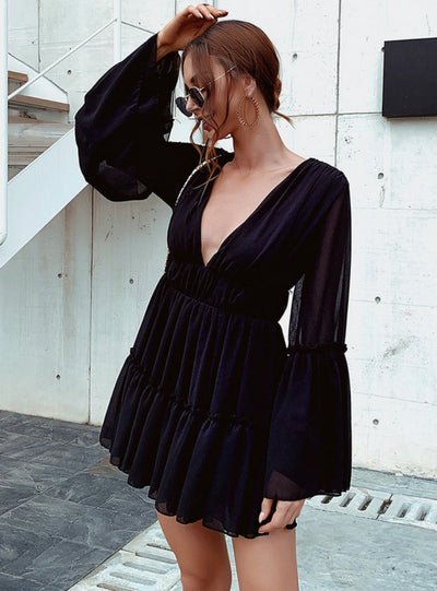 Women V-neck Trumpet Sleeves Chiffon Dress