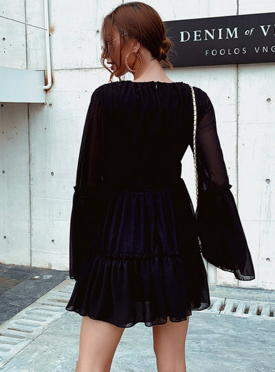 Women V-neck Trumpet Sleeves Chiffon Dress