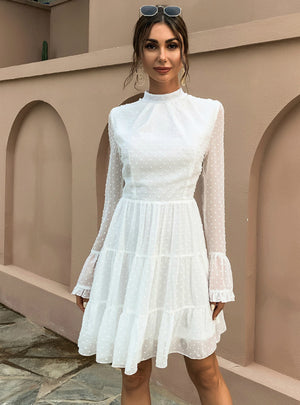 Wave Chiffon Long Sleeve Dress Round Neck Short Skirt