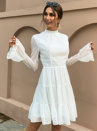 Wave Chiffon Long Sleeve Dress Round Neck Short Skirt