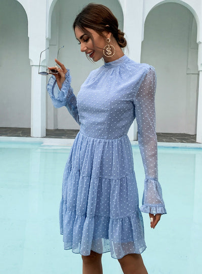 Wave Chiffon Long Sleeve Dress Round Neck Short Skirt