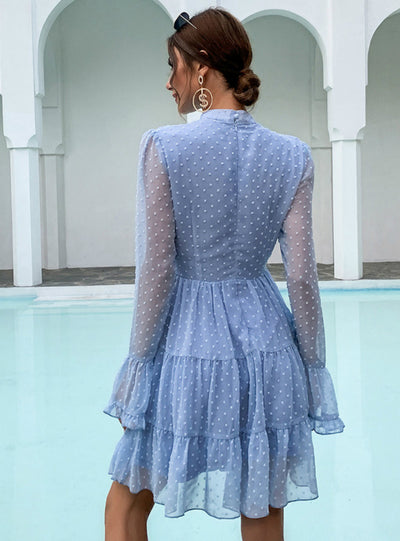 Wave Chiffon Long Sleeve Dress Round Neck Short Skirt