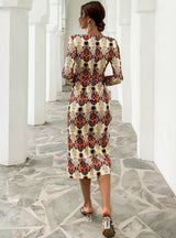 Printed V-neck Slim Irregular Long Sleeve Dress