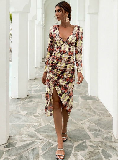 Printed V-neck Slim Irregular Long Sleeve Dress