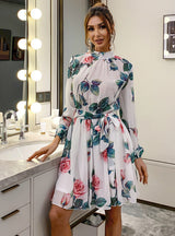 Floral Round Neck Floral Skirt Long Sleeve Chiffon Dress