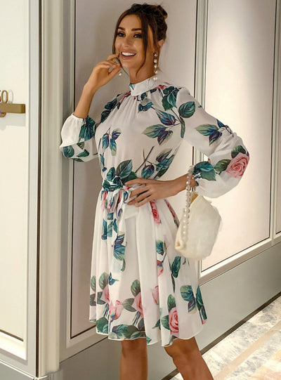 Floral Round Neck Floral Skirt Long Sleeve Chiffon Dress