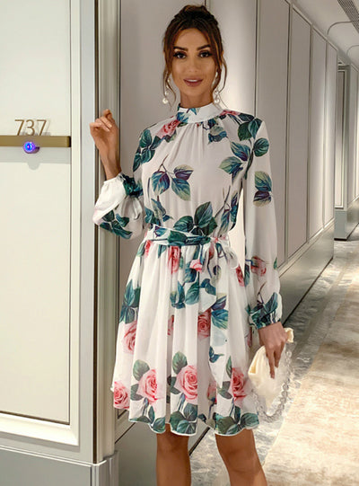 Floral Round Neck Floral Skirt Long Sleeve Chiffon Dress