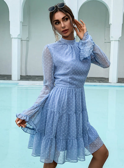 Wave Chiffon Long Sleeve Dress Round Neck Short Skirt