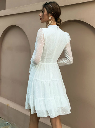 Wave Chiffon Long Sleeve Dress Round Neck Short Skirt