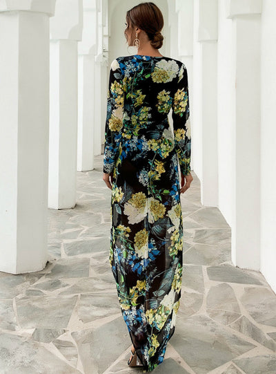 Sexy Printed Chiffon Dress With Irregular Split Flowers