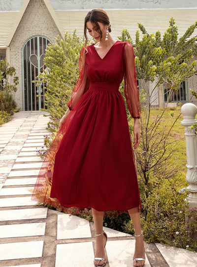 Red Bubble Sleeve Perspective Dress Female