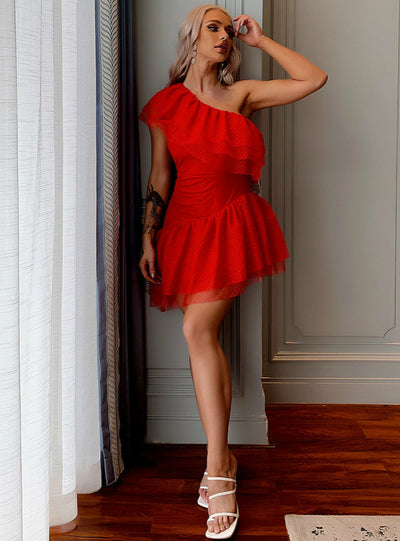 Mesh Ruffled Skirt Laminated Ssymmetric Short Dress