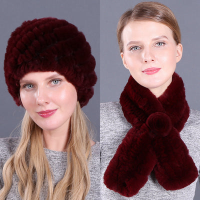 Warm Pineapple Rex Rabbit Fur Hat Scarf Set