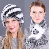 Warm Pineapple Rex Rabbit Fur Hat Scarf Set