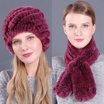 Warm Pineapple Rex Rabbit Fur Hat Scarf Set