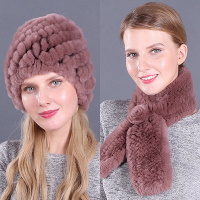 Warm Pineapple Rex Rabbit Fur Hat Scarf Set