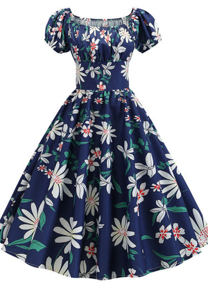 Navy Blue Print Short Sleeve Vintage Dress