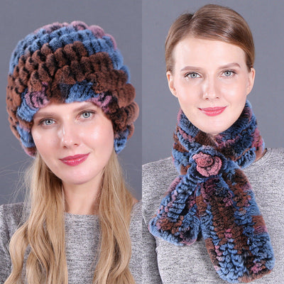 Warm Pineapple Rex Rabbit Fur Hat Scarf Set
