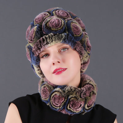 Women Rex Hair Rose Hat Scarf Set
