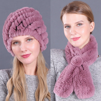 Warm Pineapple Rex Rabbit Fur Hat Scarf Set