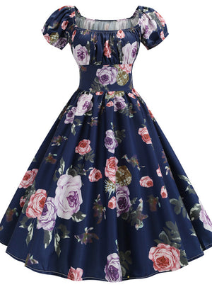 Vintage Print Short Sleeve Dress