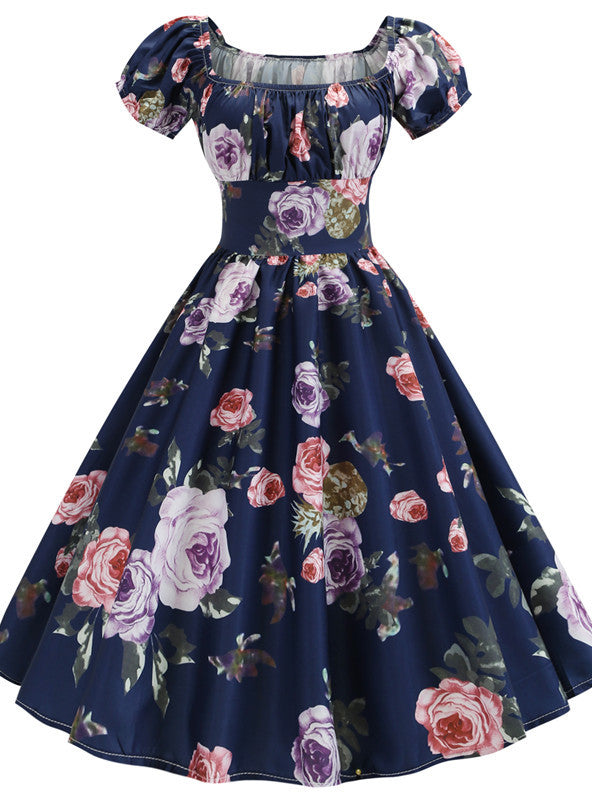 Vintage Print Short Sleeve Dress