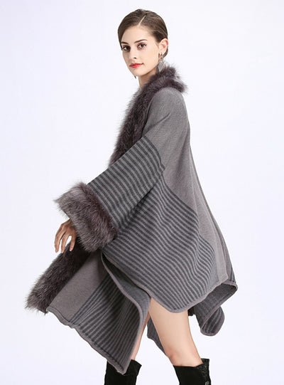 Loose Fox Like Fur Collar Knitted Cardigan Shawl