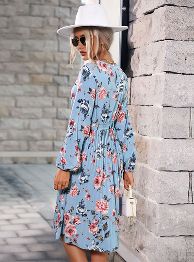 Crew Neck Pleated Blue Print Dress