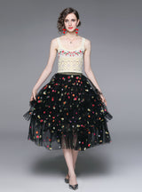 Embroidered Flower Hollow Gauze Skirt Two-piece Set