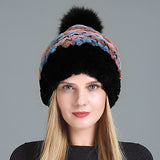 Women's Rex Fur Hat Fox Fur Ball Wool Hat