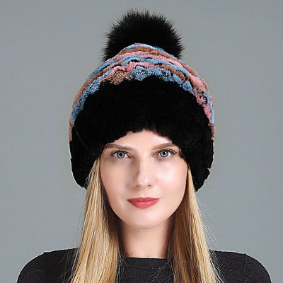Women's Rex Fur Hat Fox Fur Ball Wool Hat