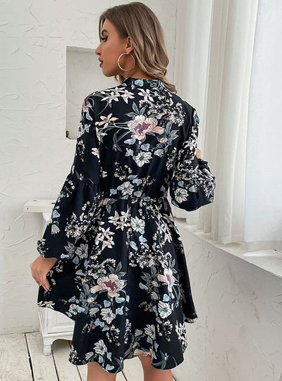 V-neck Long Sleeve Printed Dress