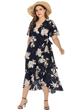 V-neck Ruffled Plant Printed Casual Dress