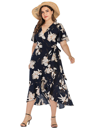 V-neck Ruffled Plant Printed Casual Dress