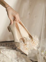 Thick Heel Flat Pearls Wedding Shoes