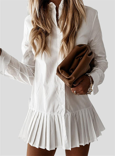 Long Sleeve White Pleated Shirt Dress