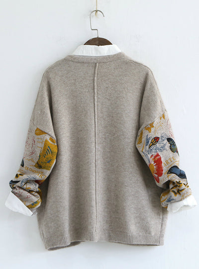 V Neck Cardigan Printed Bird Long Sleeve Sweater